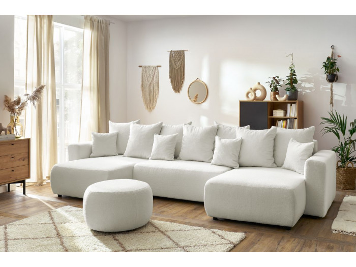 Canapé panoramique convertible coffre ENVY tissu bouclette avec pouf rond