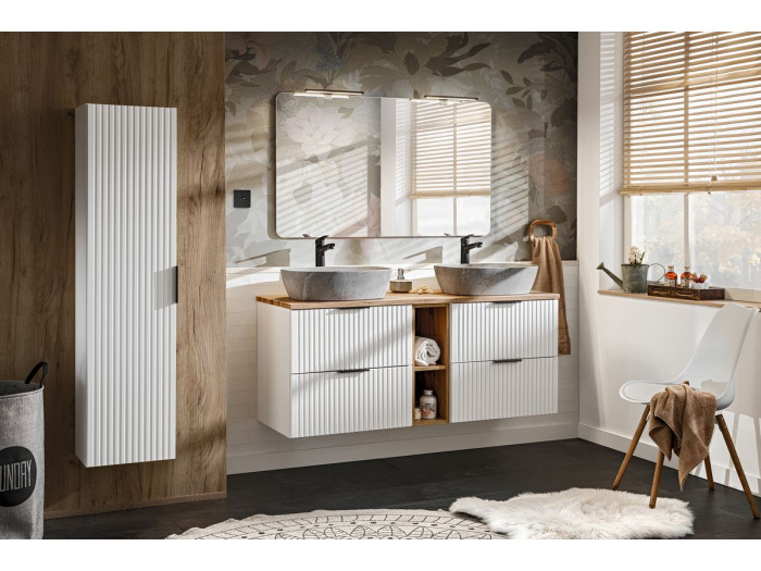 Meuble de salle de bain 120 cm HILONA avec vasques à poser et colonne chêne
