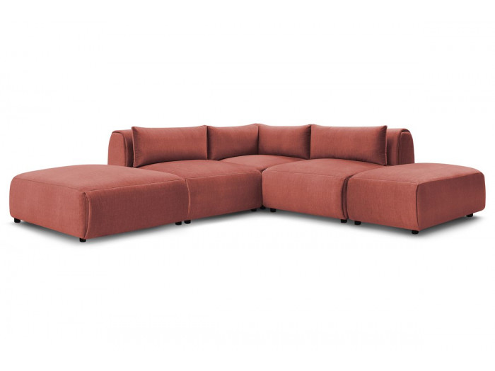 Canapé d'angle fixe modulable JEANNE tissu velours avec 2 chauffeuses, 1 angle et 2 poufs